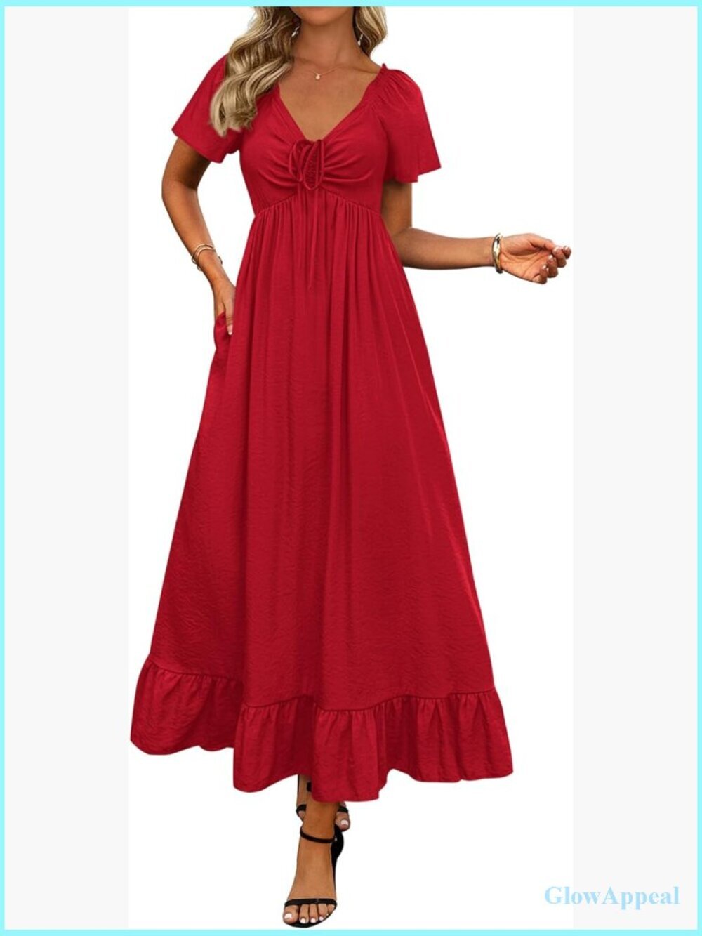V Neck Short Sleeve Maxi Dress with Pockets Bohemian Casual Summer